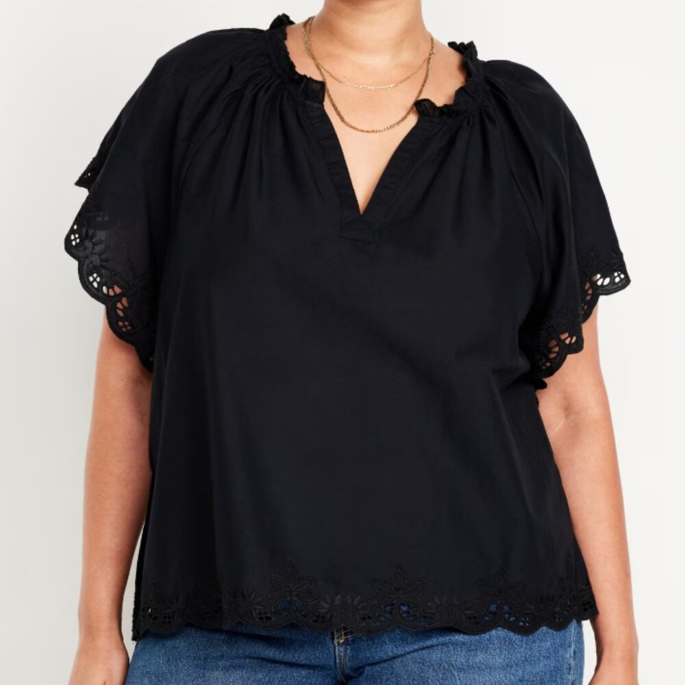 NWOT Old Navy Embroidered Split-Neck Top Black 3X